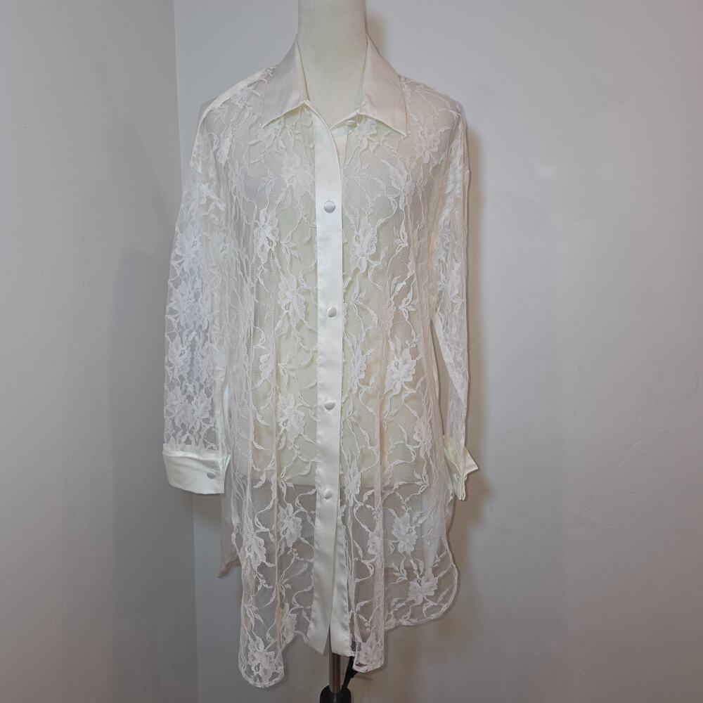 Vtg VICTORIAS SECRET Gold Label Dress Small White Satin Sheer Floral Lace 80s - Picture 2 of 8